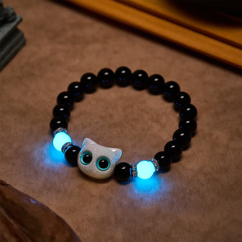 Buddha Stones Black Obsidian Cute Big Eye Cat Protection Beaded Bracelet - image 3