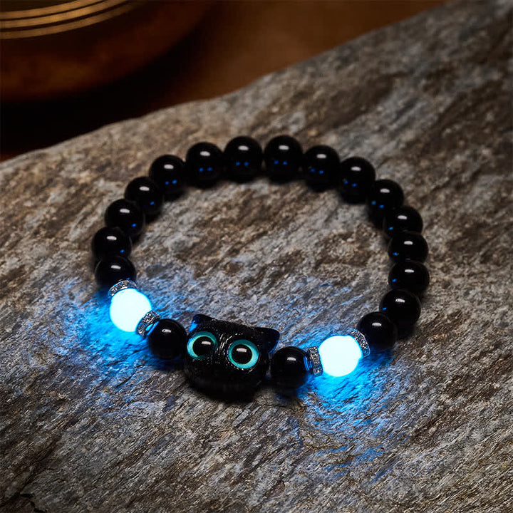 Buddha Stones Black Obsidian Cute Big Eye Cat Protection Beaded Bracelet - image 18