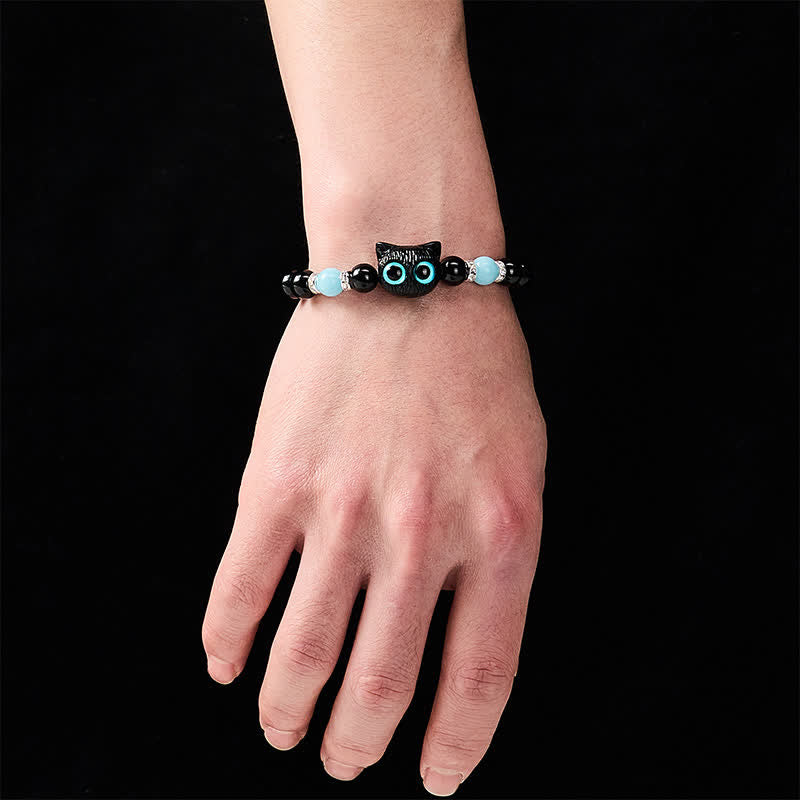 Buddha Stones Black Obsidian Cute Big Eye Cat Protection Beaded Bracelet - image 16