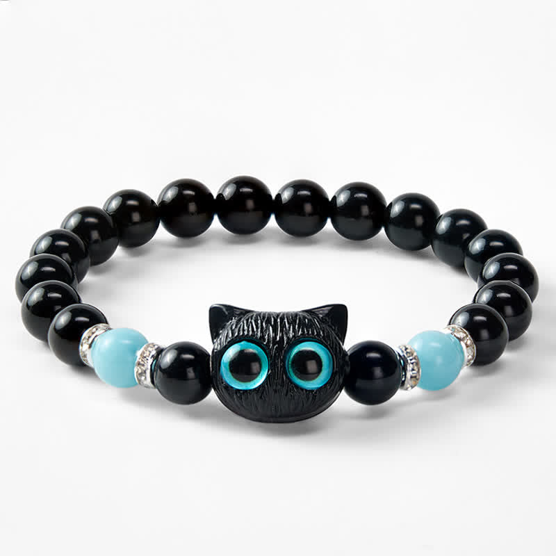 Buddha Stones Black Obsidian Cute Big Eye Cat Protection Beaded Bracelet - image 21