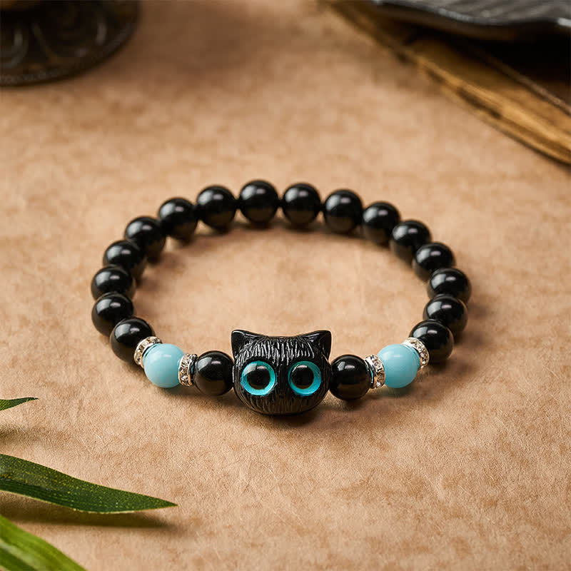 Buddha Stones Black Obsidian Cute Big Eye Cat Protection Beaded Bracelet - image 13