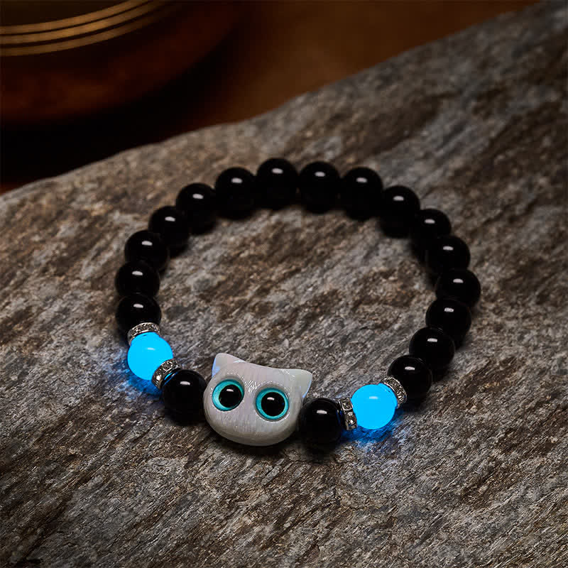 Buddha Stones Black Obsidian Cute Big Eye Cat Protection Beaded Bracelet - image 8