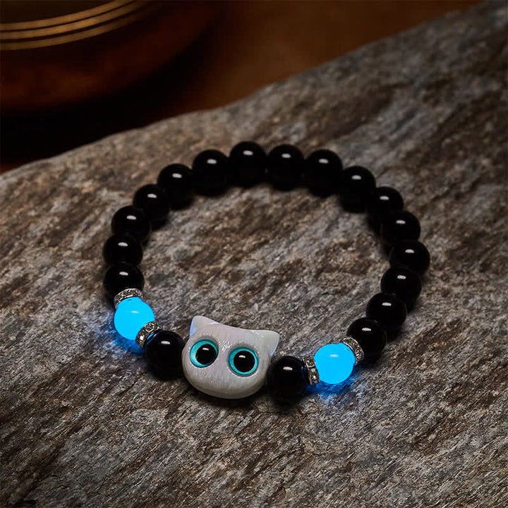 Buddha Stones Black Obsidian Cute Big Eye Cat Protection Beaded Bracelet - image 8