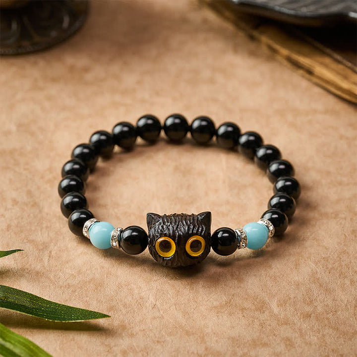 Buddha Stones Black Obsidian Hand-Carved Big Eye Cat Relief Bead Bracelet - image 1