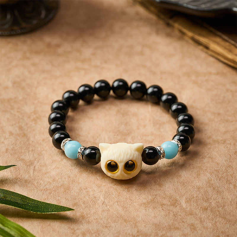 Buddha Stones Black Obsidian Hand-Carved Big Eye Cat Relief Bead Bracelet - image 15