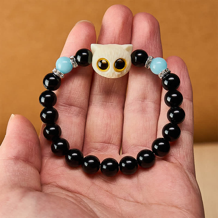 Buddha Stones Black Obsidian Hand-Carved Big Eye Cat Relief Bead Bracelet - image 22