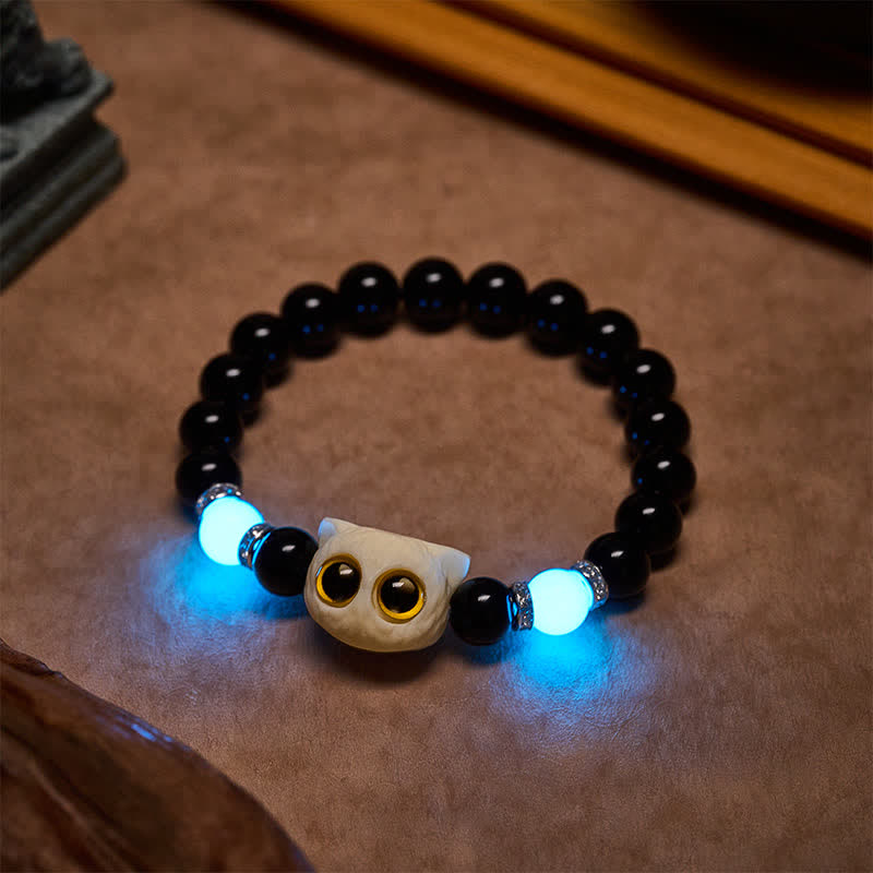 Buddha Stones Black Obsidian Hand-Carved Big Eye Cat Relief Bead Bracelet - image 21