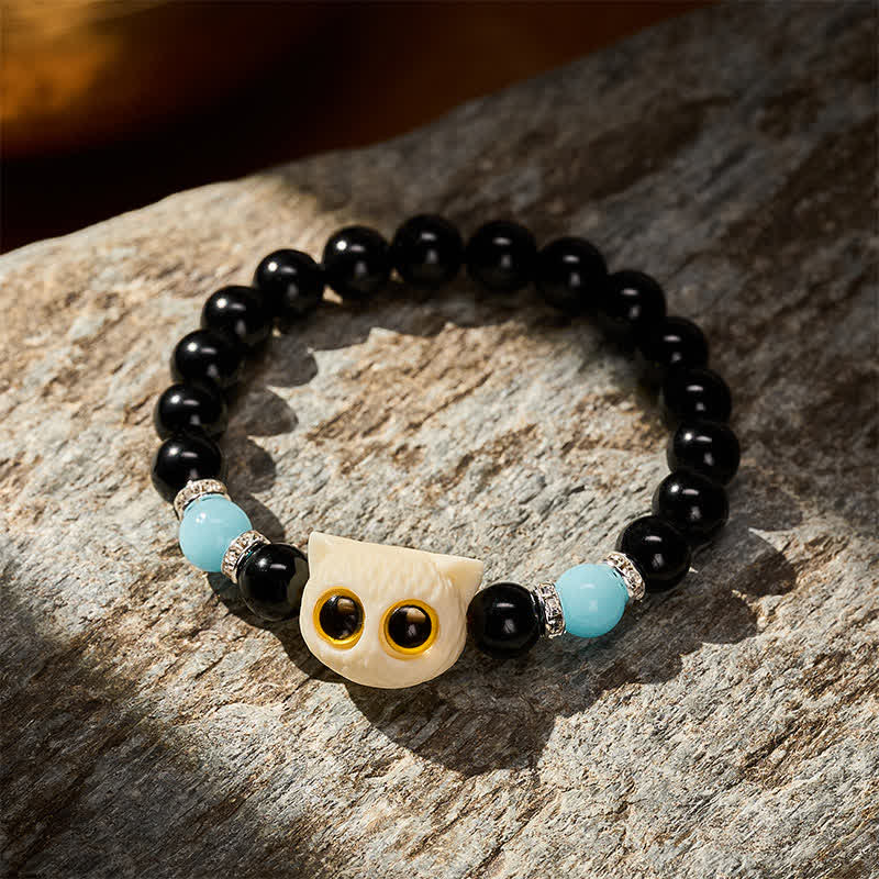 Buddha Stones Black Obsidian Hand-Carved Big Eye Cat Relief Bead Bracelet - image 16
