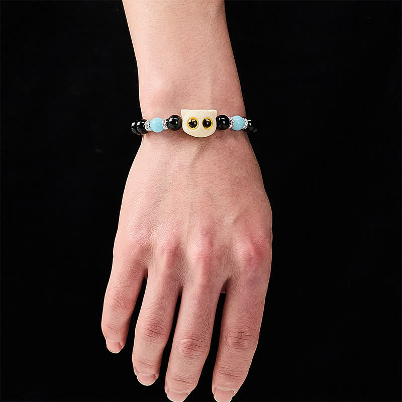 Buddha Stones Black Obsidian Hand-Carved Big Eye Cat Relief Bead Bracelet - image 19