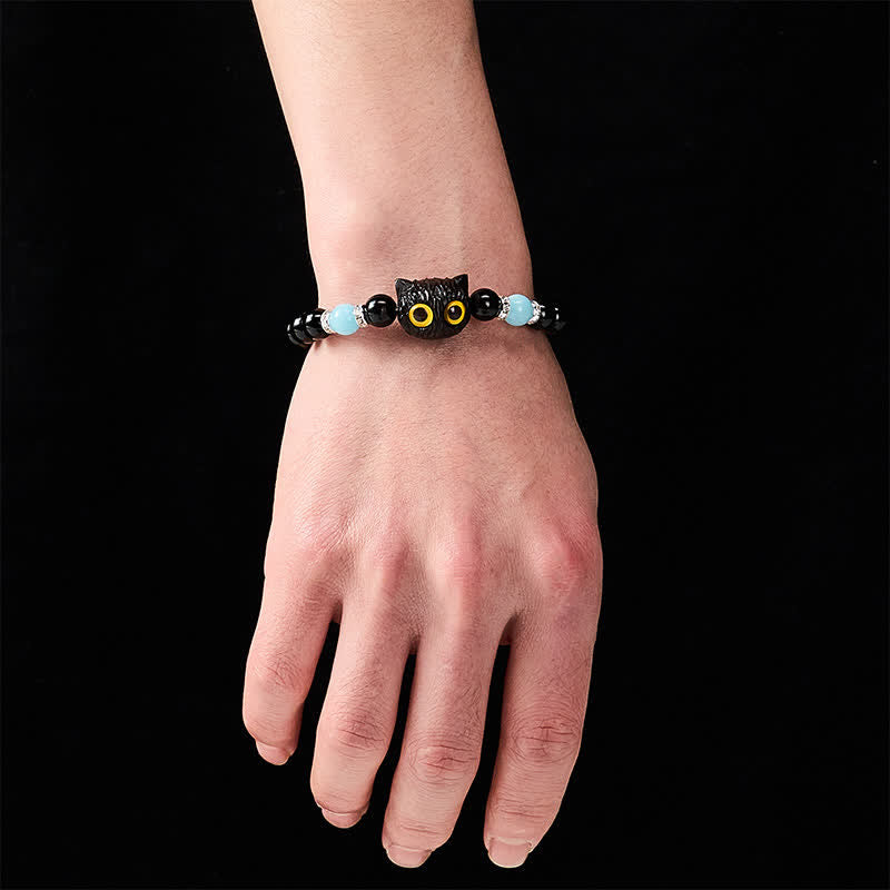 Buddha Stones Black Obsidian Hand-Carved Big Eye Cat Relief Bead Bracelet - image 4