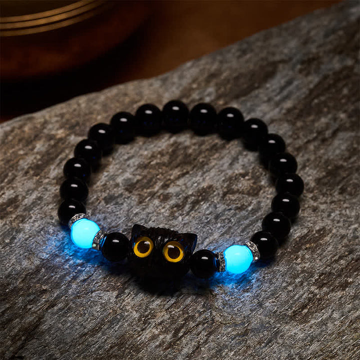 Buddha Stones Black Obsidian Hand-Carved Big Eye Cat Relief Bead Bracelet - image 10