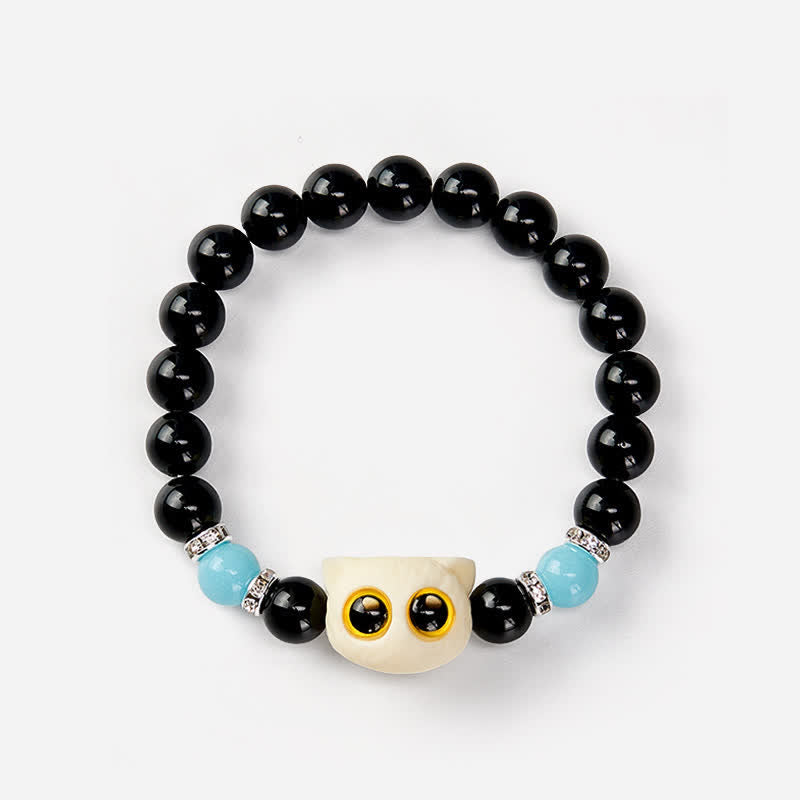 Buddha Stones Black Obsidian Hand-Carved Big Eye Cat Relief Bead Bracelet - image 22