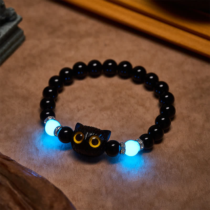 Buddha Stones Black Obsidian Hand-Carved Big Eye Cat Relief Bead Bracelet - Black Cat (Wrist Circumference: 15–16 cm) - Black Obsidian (Purification ♥ Strength) - image 0