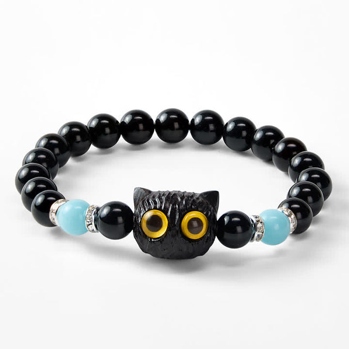 Buddha Stones Black Obsidian Hand-Carved Big Eye Cat Relief Bead Bracelet - image 14