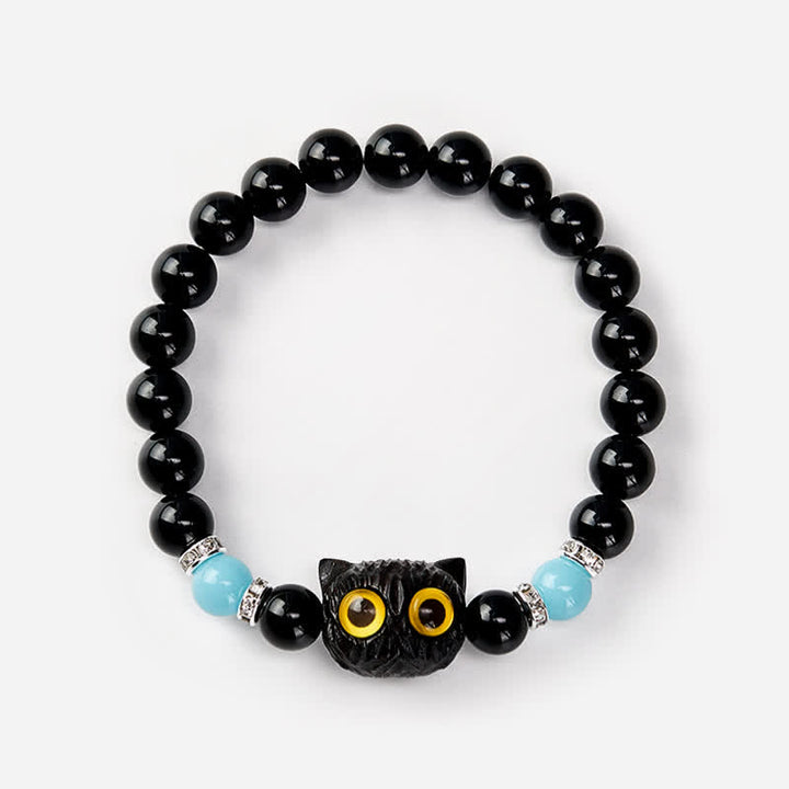 Buddha Stones Black Obsidian Hand-Carved Big Eye Cat Relief Bead Bracelet - image 12