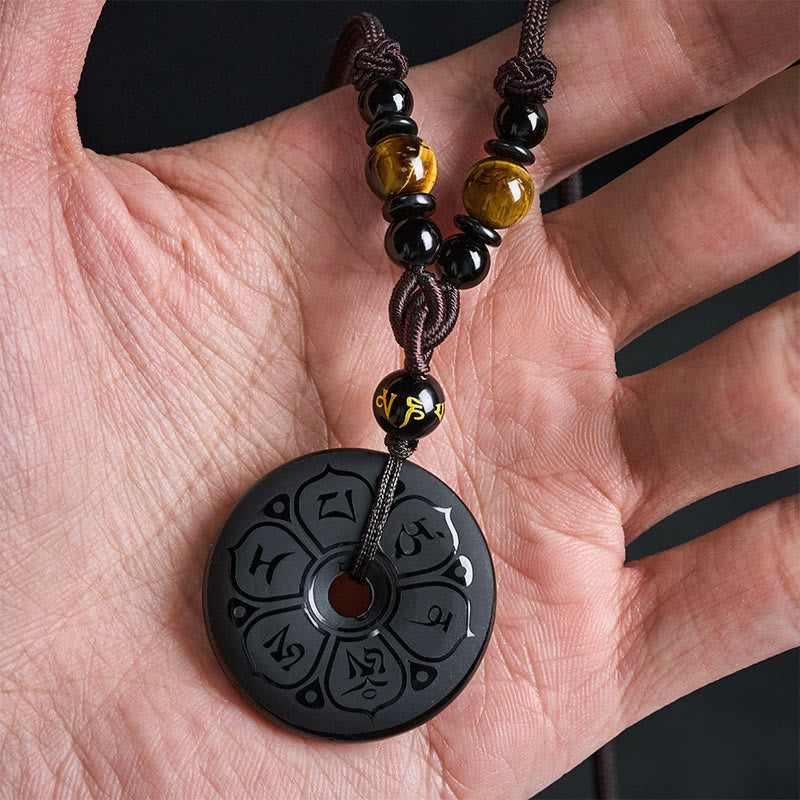 Buddha Stones Black Obsidian Peace Buckle Protection Engraved Braided Necklace - image 7