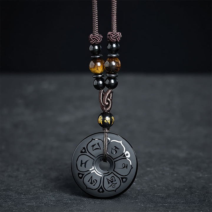 Buddha Stones Black Obsidian Peace Buckle Protection Engraved Braided Necklace - image 3
