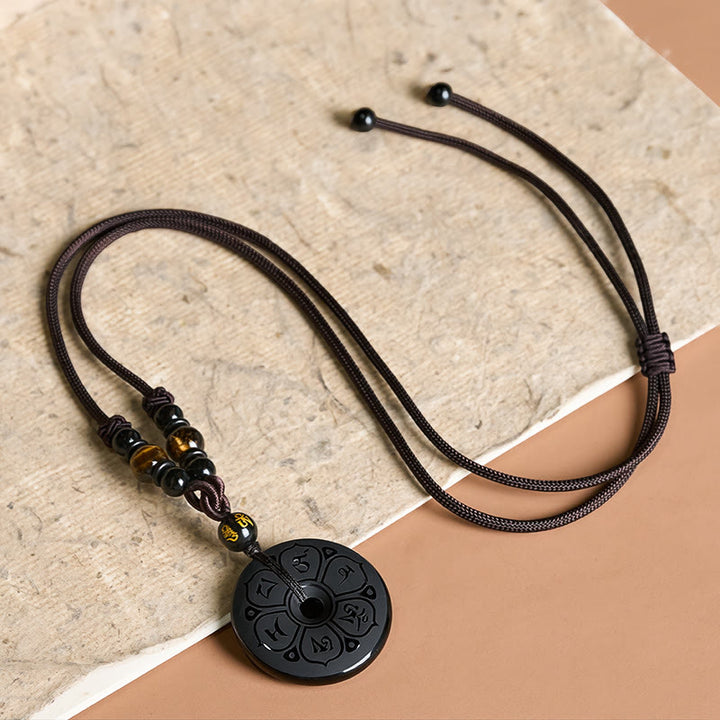 Buddha Stones Black Obsidian Peace Buckle Protection Engraved Braided Necklace - image 2