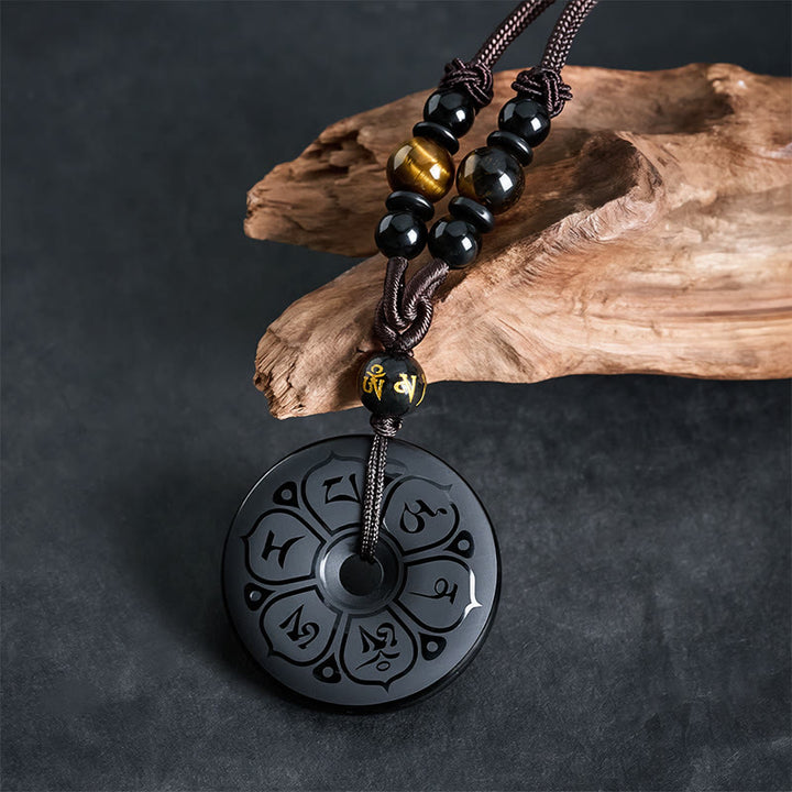 Buddha Stones Black Obsidian Peace Buckle Protection Engraved Braided Necklace - image 1