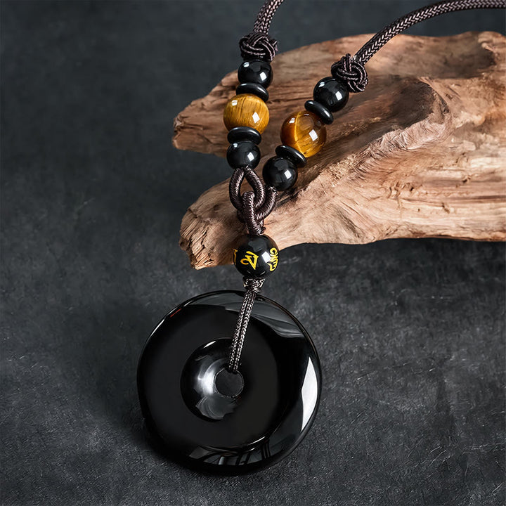 Buddha Stones Black Obsidian Peace Buckle Protection Engraved Braided Necklace - image 4