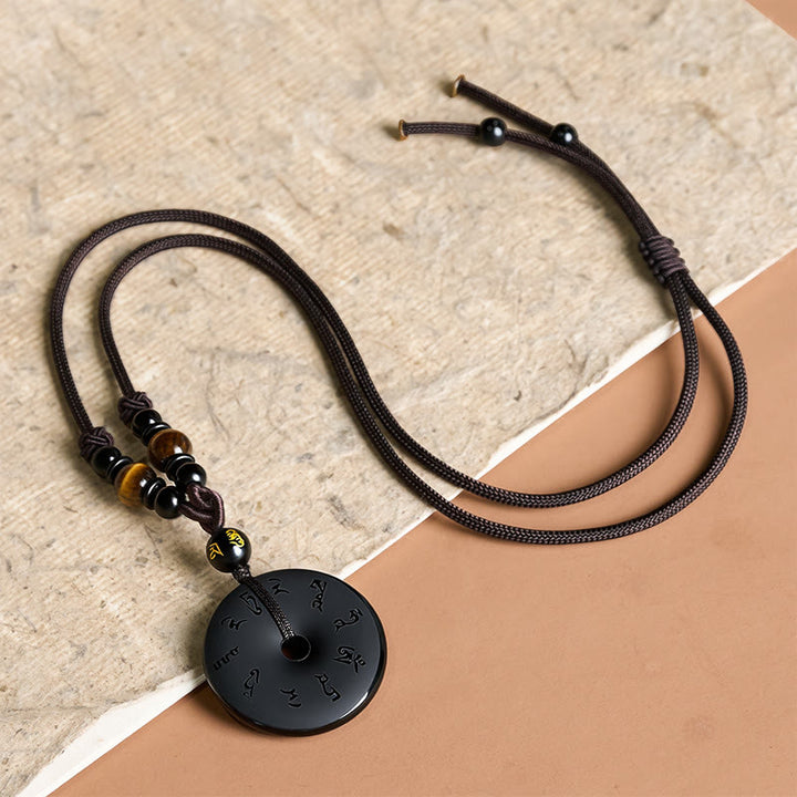 Buddha Stones Black Obsidian Peace Buckle Protection Engraved Braided Necklace - image 11