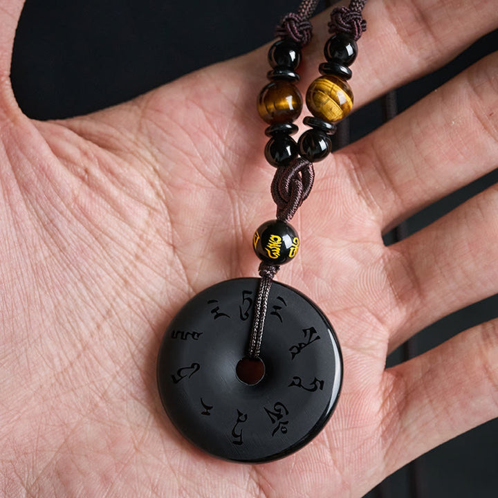 Buddha Stones Black Obsidian Peace Buckle Protection Engraved Braided Necklace - image 12