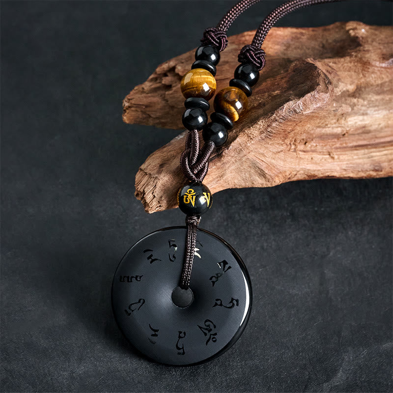 Buddha Stones Black Obsidian Peace Buckle Protection Engraved Braided Necklace - image 9