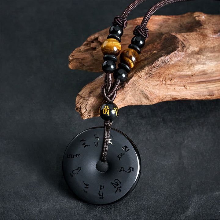 Buddha Stones Black Obsidian Peace Buckle Protection Engraved Braided Necklace - image 9