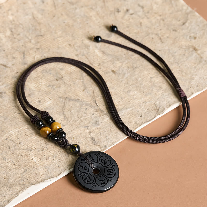 Buddha Stones Black Obsidian Peace Buckle Protection Engraved Braided Necklace - image 16