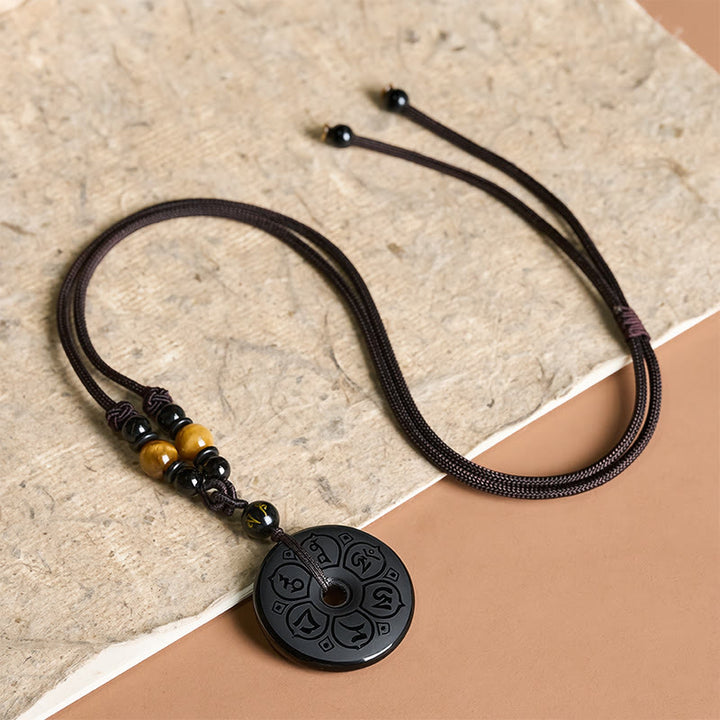 Buddha Stones Black Obsidian Peace Buckle Protection Engraved Braided Necklace - image 16