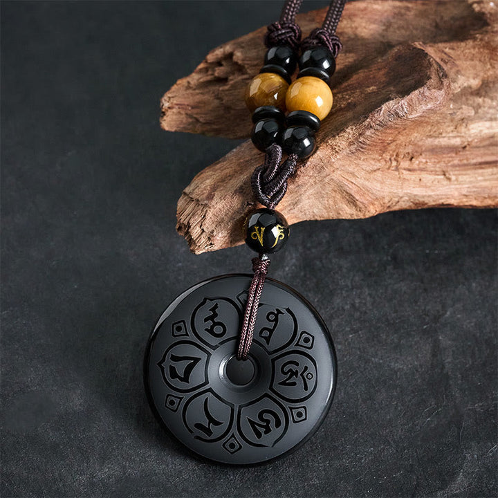 Buddha Stones Black Obsidian Peace Buckle Protection Engraved Braided Necklace - image 14