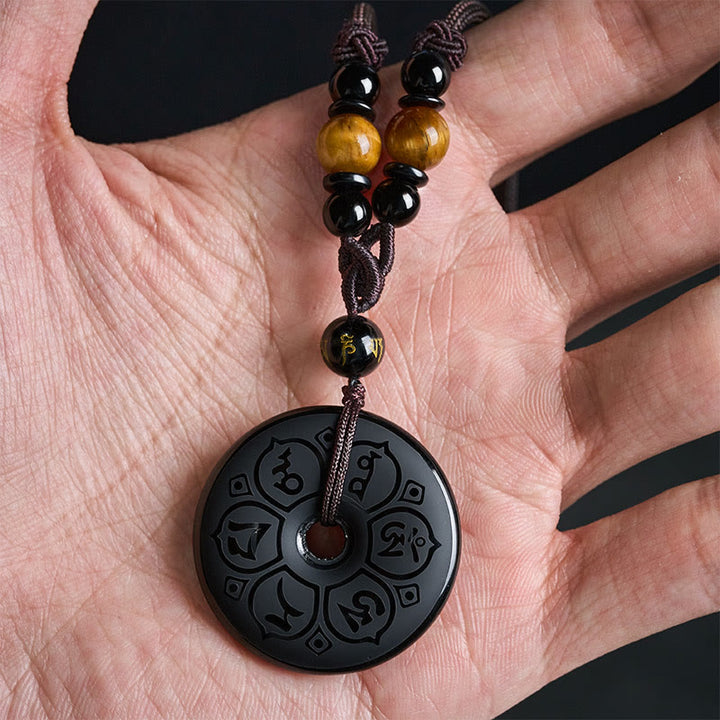Buddha Stones Black Obsidian Peace Buckle Protection Engraved Braided Necklace - image 17