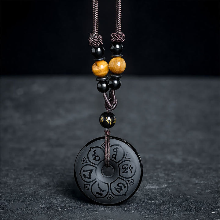 Buddha Stones Black Obsidian Peace Buckle Protection Engraved Braided Necklace - image 15