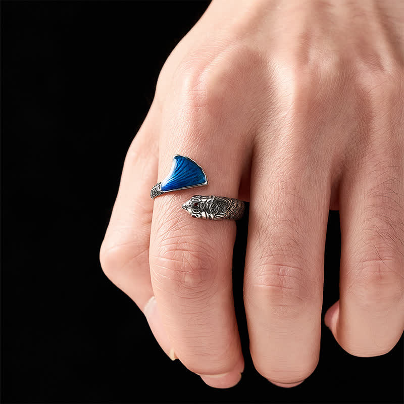 Buddha Stones Vintage Koi Fish Blue Enamel Adjustable Success Adjustable Ring - image 4