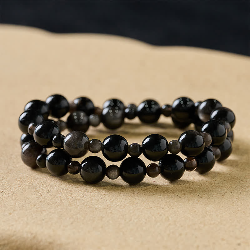 Buddha Stones Black Obsidian Single Double Layer Round Bead Protection Bracelet - 10mm Black Obsidian - Double Wrap - image 8