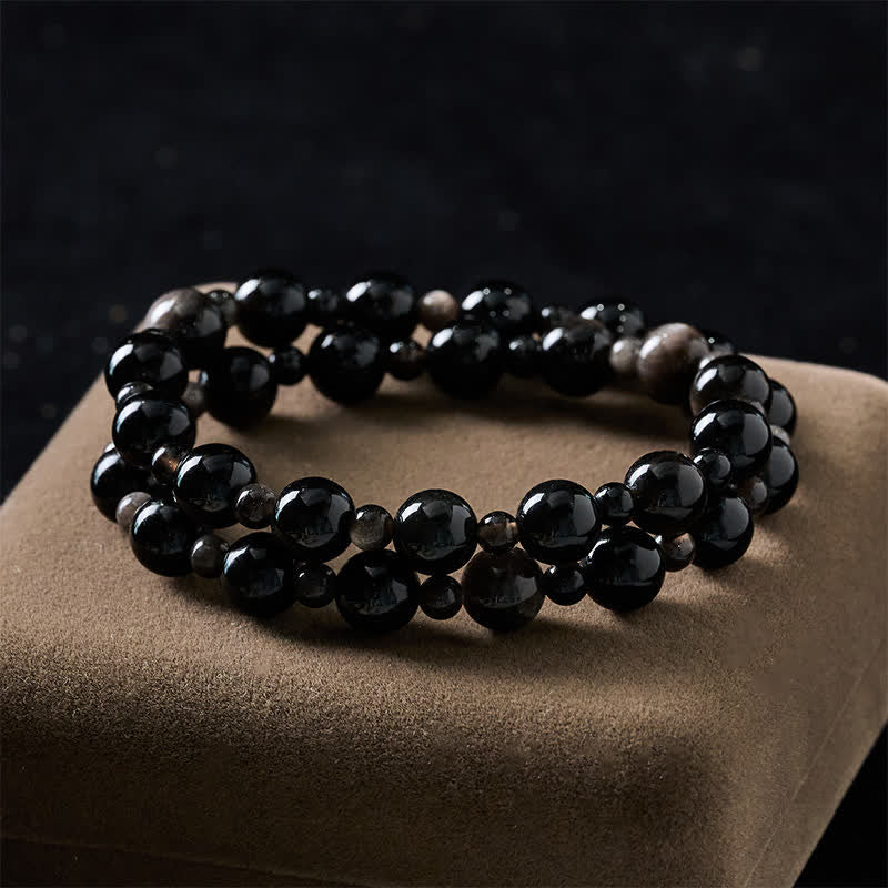 Buddha Stones Black Obsidian Single Double Layer Round Bead Protection Bracelet - image 10