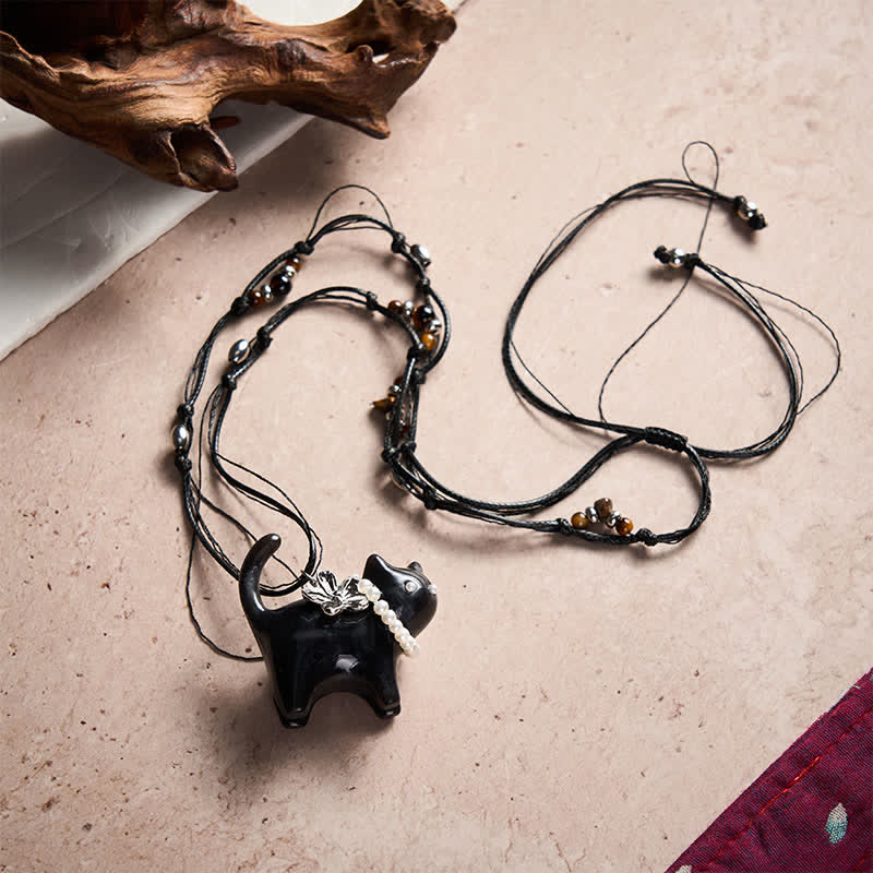 Buddha Stones Resin Black Brown Cat Flower Pearl Bead Peace Necklace - image 9