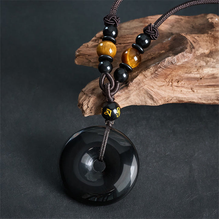 Buddha Stones Black Obsidian Namo Ami Peace Buckle Protection Engraved Necklace - image 4
