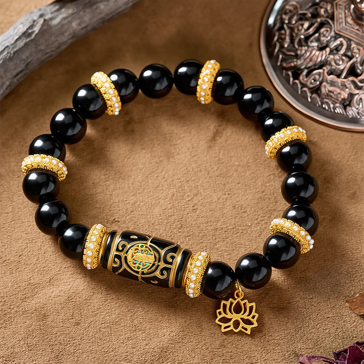 Buddha Stones Black Obsidian Resin Barrel Bead Lotus Pendant Protection Round Bead Bracelet - Black Obsidian (Wrist Circumference: 17-18 cm) - image 0
