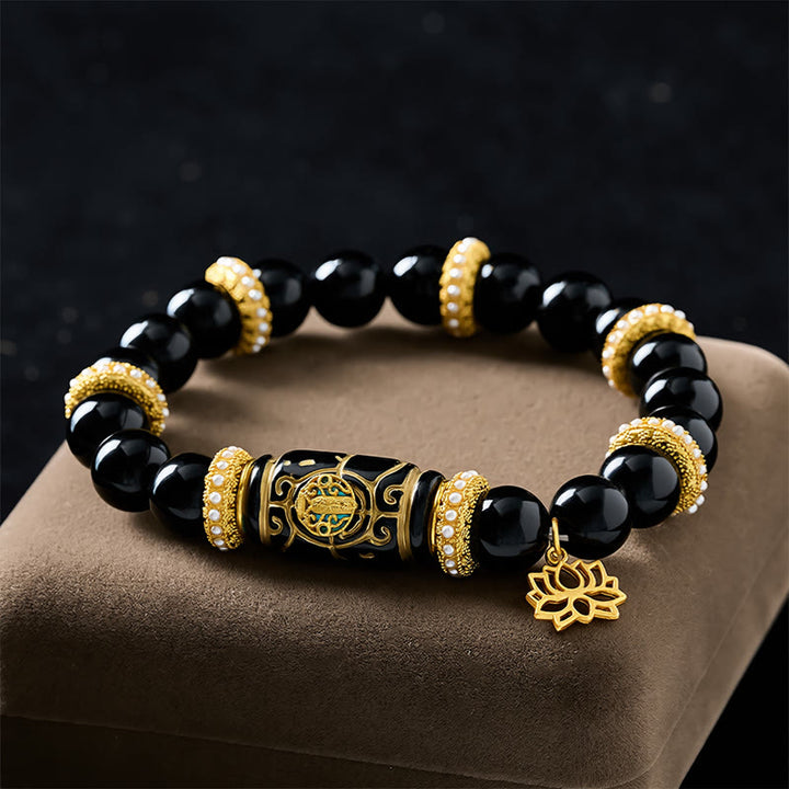 Buddha Stones Black Obsidian Resin Barrel Bead Lotus Pendant Protection Round Bead Bracelet - image 1