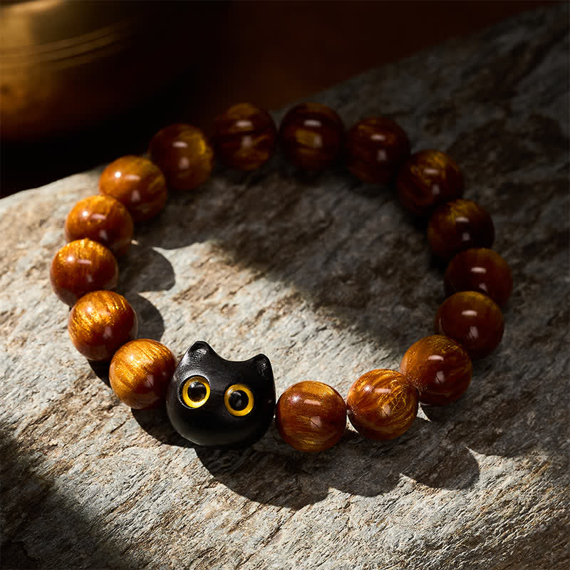 Buddha Stones Yellow Resin Beads Yellow Eyes Ebony Wood Cat Calm Bracelet - image 3