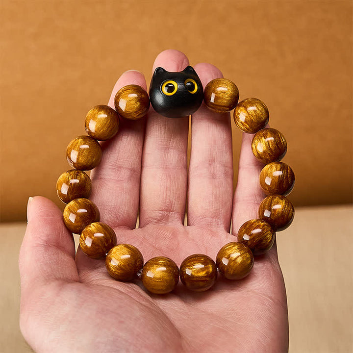 Buddha Stones Yellow Resin Beads Yellow Eyes Ebony Wood Cat Calm Bracelet - image 5