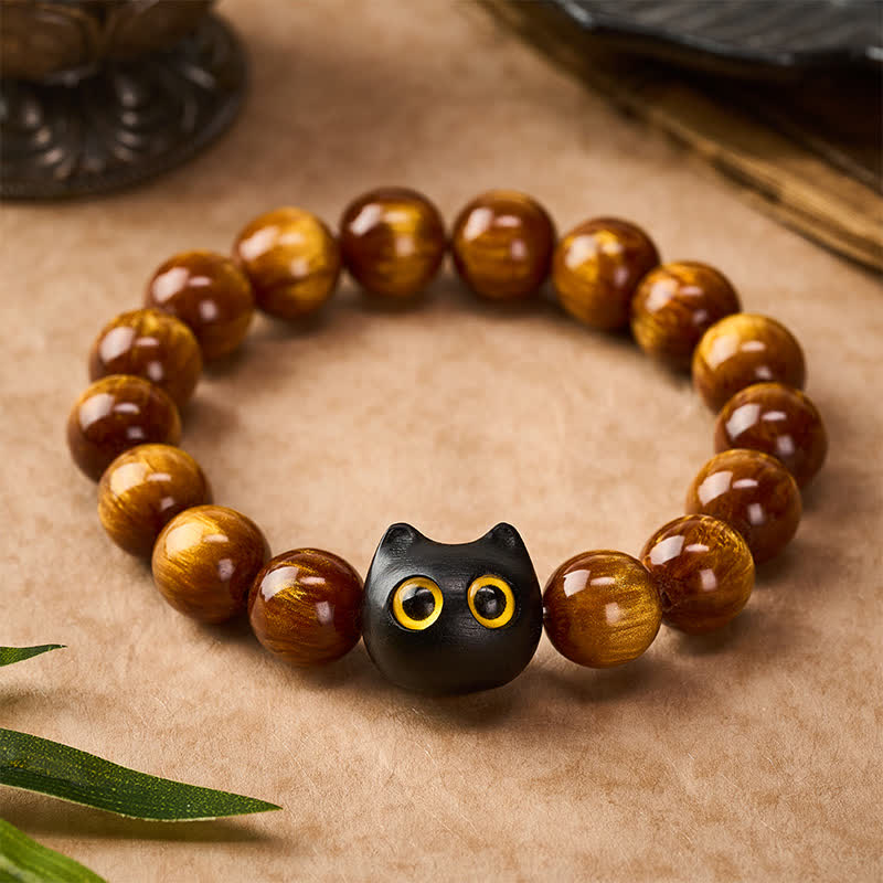 Buddha Stones Yellow Resin Beads Yellow Eyes Ebony Wood Cat Calm Bracelet - image 1