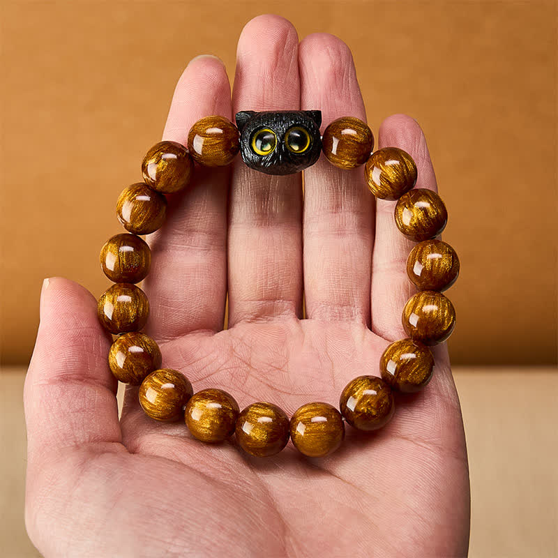 Buddha Stones Yellow Resin Beads Ebony Wood Cat Peace Bracelet - image 13