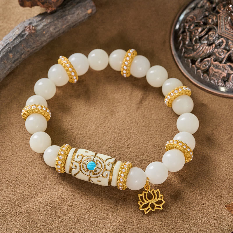 Buddha Stones White Bodhi Seed Resin Barrel Bead Lotus Pendant Round Meditation Bracelet - image 2