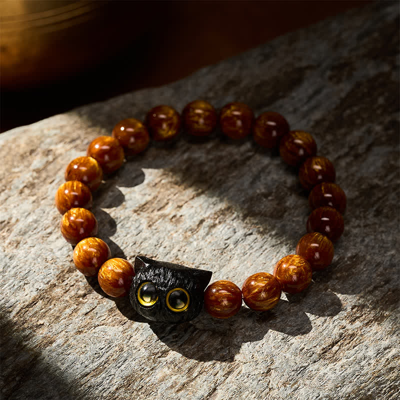 Buddha Stones Yellow Resin Beads Ebony Wood Cat Peace Bracelet - image 2
