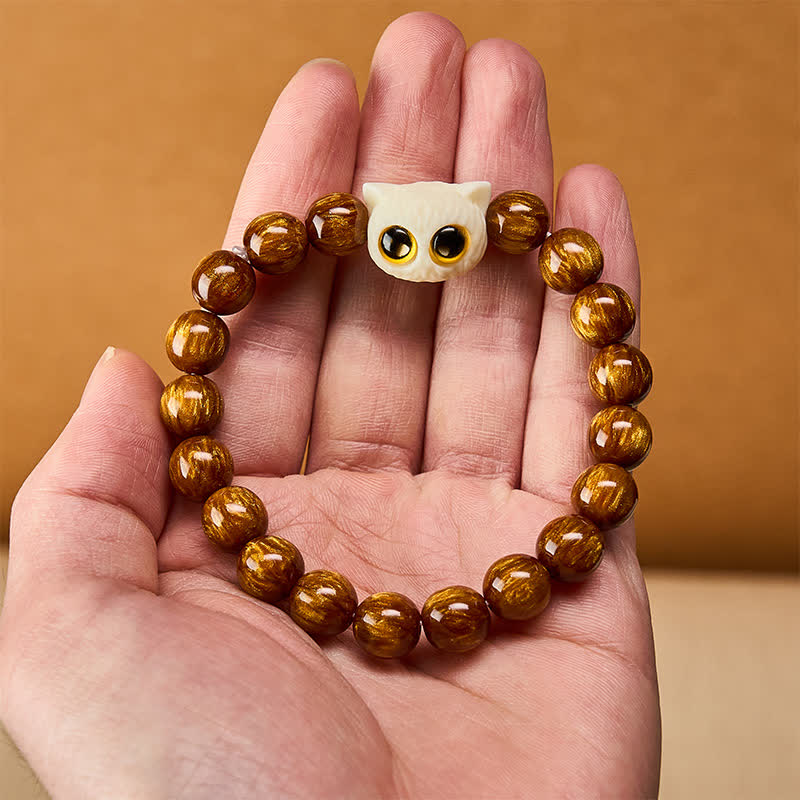 Buddha Stones Yellow Resin Beads Ivory Fruit Cat Wisdom Bracelet - image 5