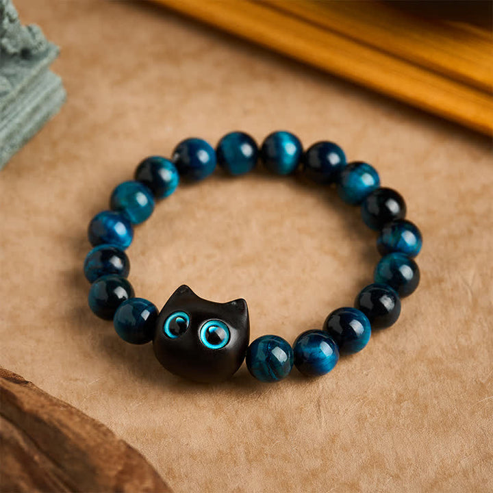 Buddha Stones Blue Tiger Eye Ebony Wood Cat Strength Bracelet - 10 mm(Wrist Circumference: 6.3-6.7  in / 16-17cm) - image 0