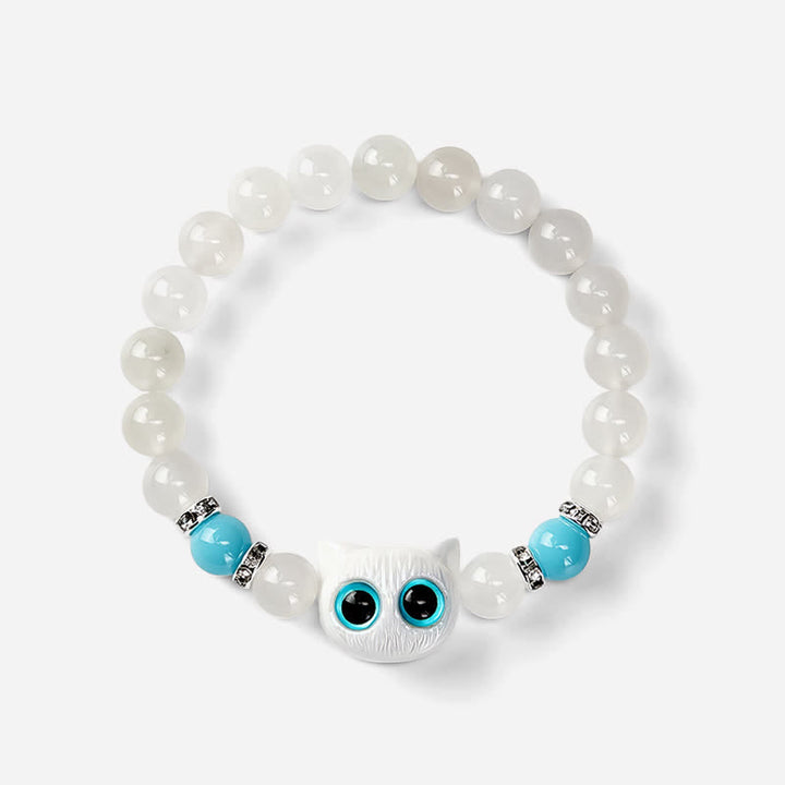 Buddha Stones White Jade Black Obsidian Cute Cat Head Purity Beaded Bracelet - image 8