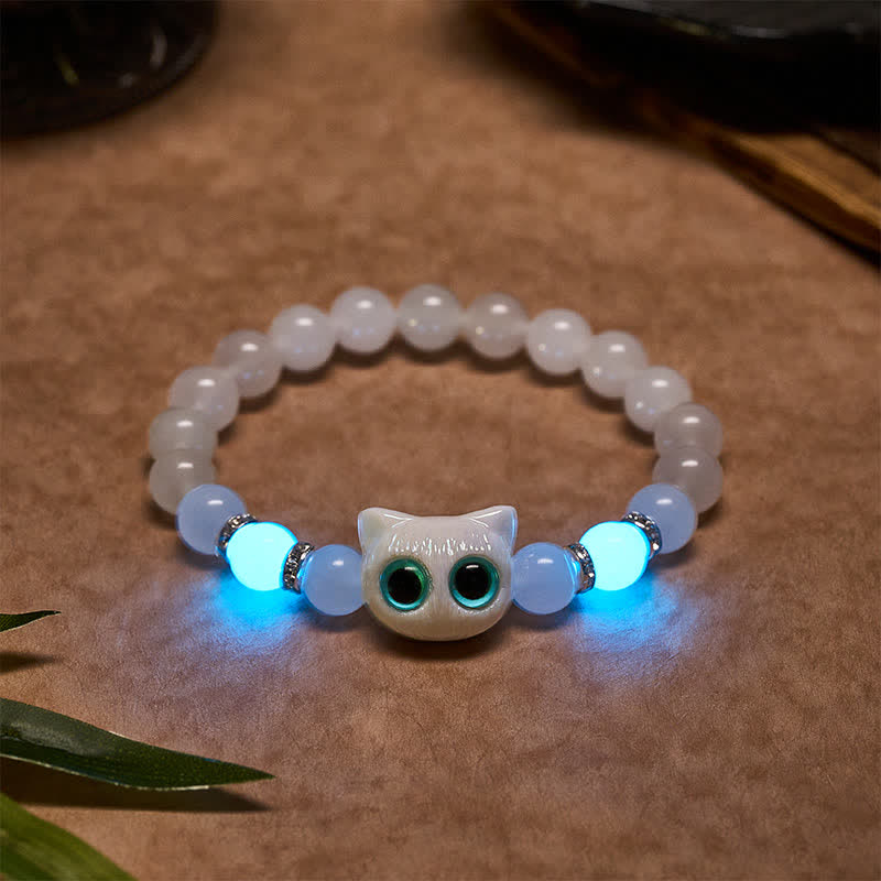 Buddha Stones White Jade Black Obsidian Cute Cat Head Purity Beaded Bracelet - White Jade(Wrist Circumference: 15–16 cm) - image 1